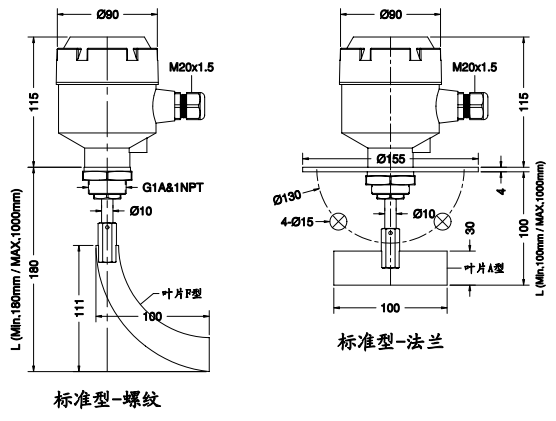 Spin-11A標(biāo)準(zhǔn)型阻旋料位開(kāi)關(guān)尺寸圖